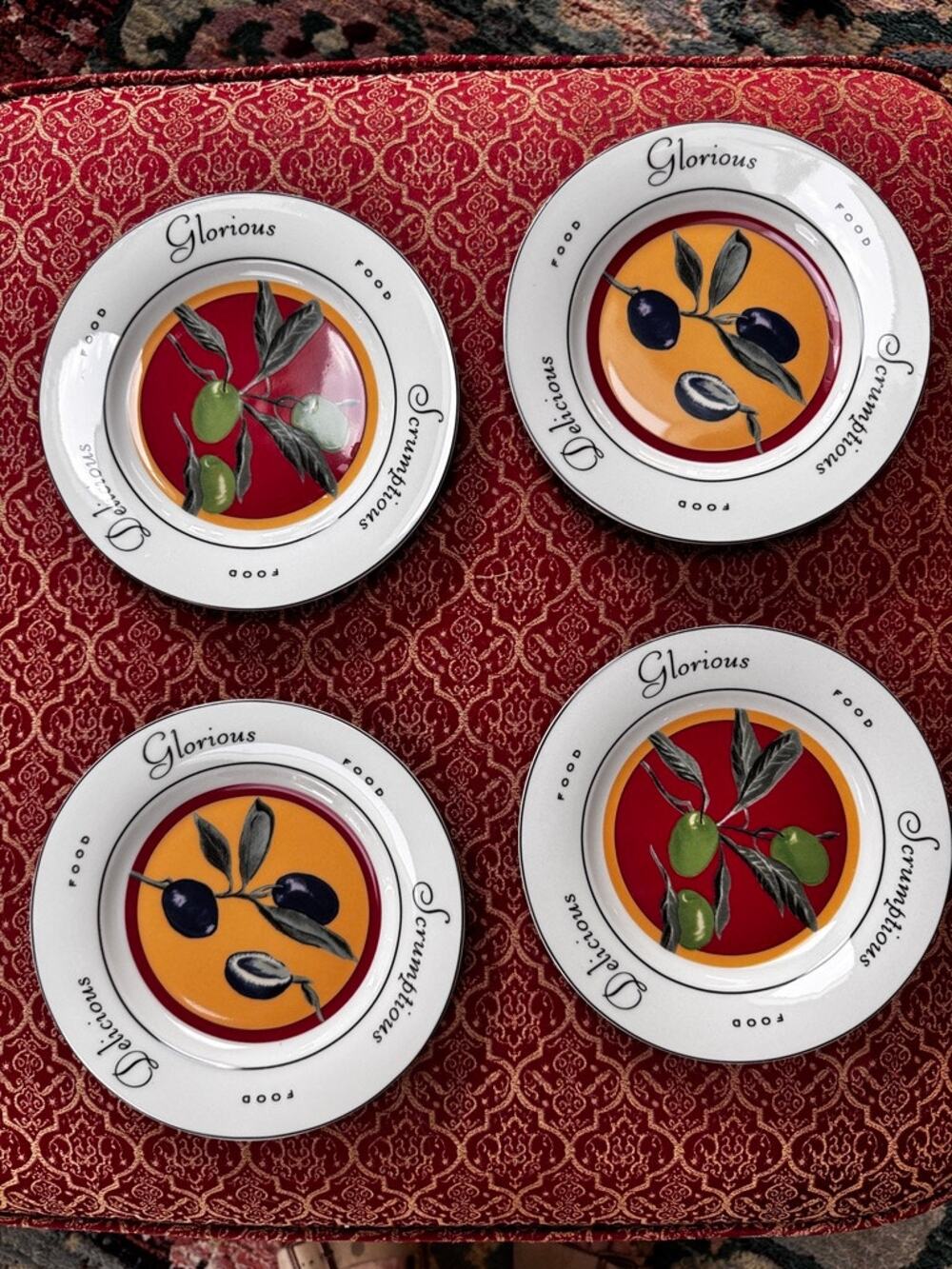 BIA The Monkey and the Peddler Liz Ross Appetizer Plates Set of 4 Olive Tuscan